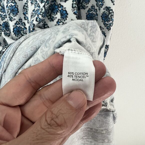 J Jill Pure Jill Split Neck Border Printed Tunic Top XS Blue Modal Boho Artsy - Picture 5 of 8